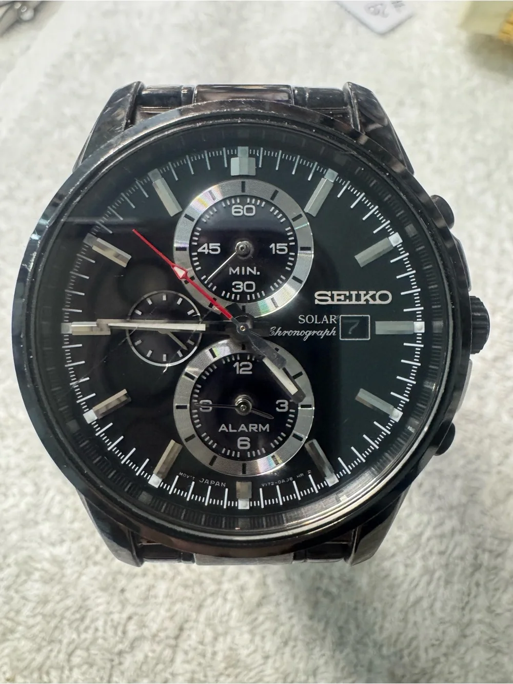 Seiko Black Dial Solar Chronograph Watch with Red Seconds Hand